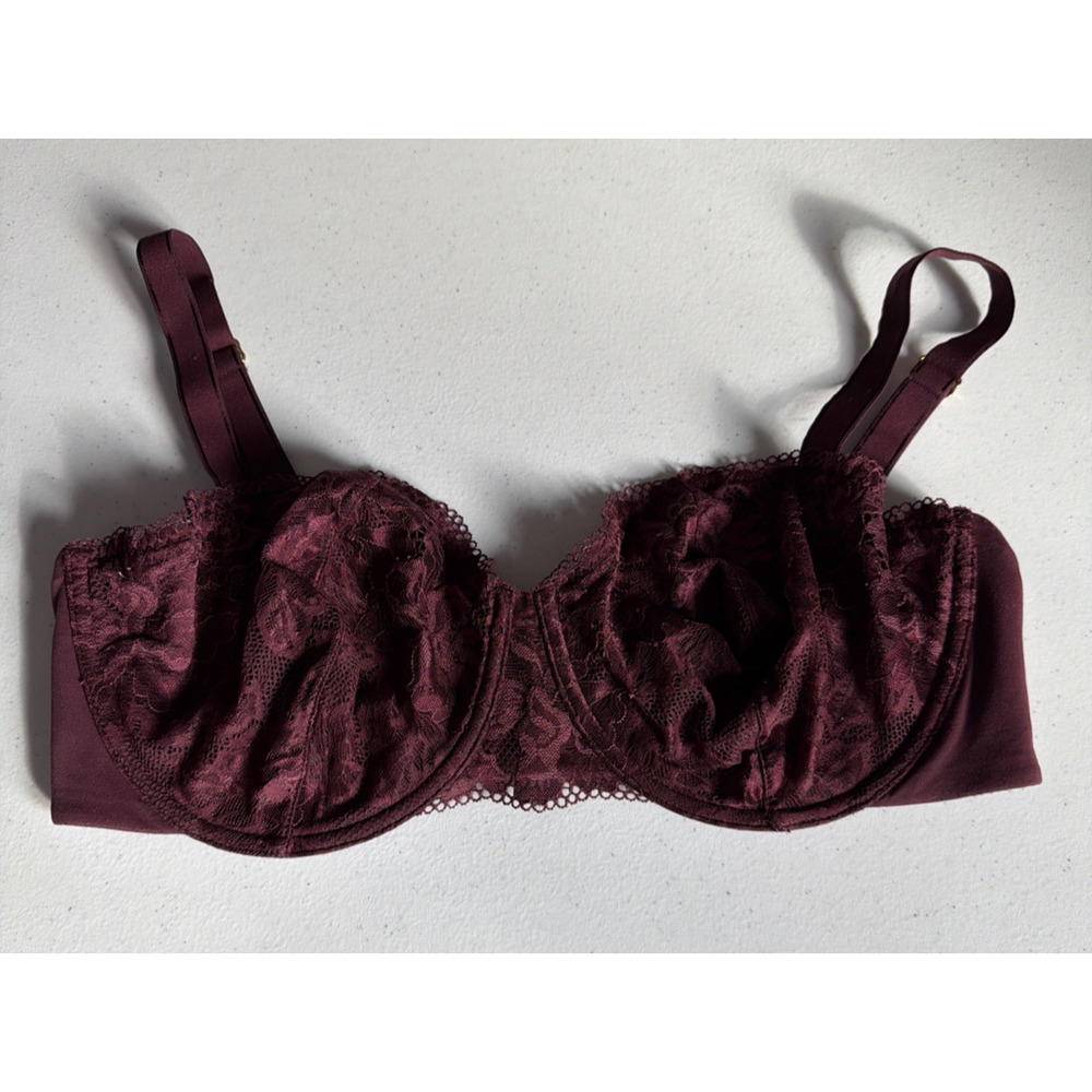 Soma Unlined Balconette Bra 38DDD burgundy Underwire Lace Cups embraceable